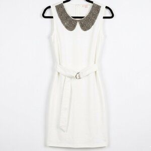 *White Beaded Peter Pan Collar Mini Dress Belted Sheath Sleeveless Small